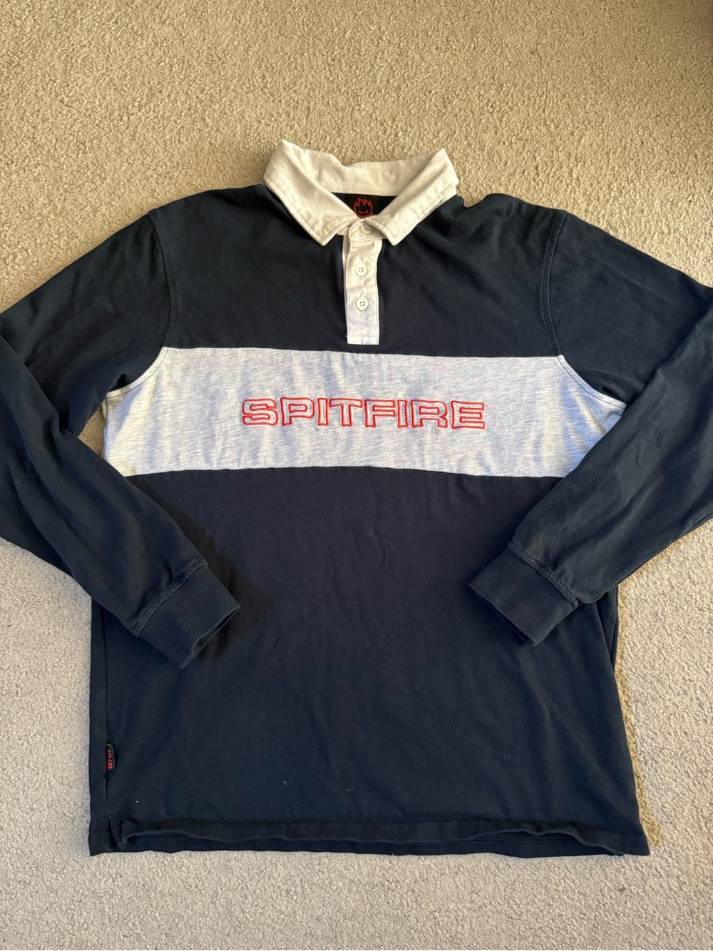 Spitfire Navy and White Rugby-Style Long Sleeve Shirt with Red Logo